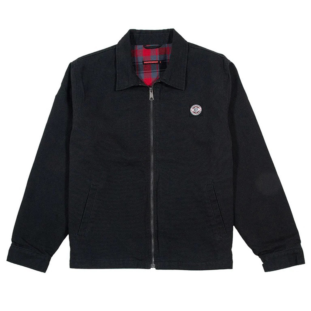Independent BTG Valera Pocket Garage Jacket - Black. Signature Canvas. Printed Canvas Label. Hidden Snap Buttons. Branded Trims. Recycled Polyester Thread. Front Patch Pockets. Side Slit Pocket With Indy Red Lining. 12 Oz 100% Cotton Canvas.