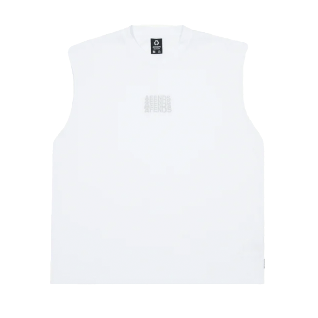 Afends Limits Graphic Sleeveless Tee  - White. 50% Recycled Cotton 50% Organic Cotton Jersey. Relaxed Fit. Free NZ shipping when you spend over $150 on your Afends order. Pavement, Dunedin's locally owned and operated skate store. 