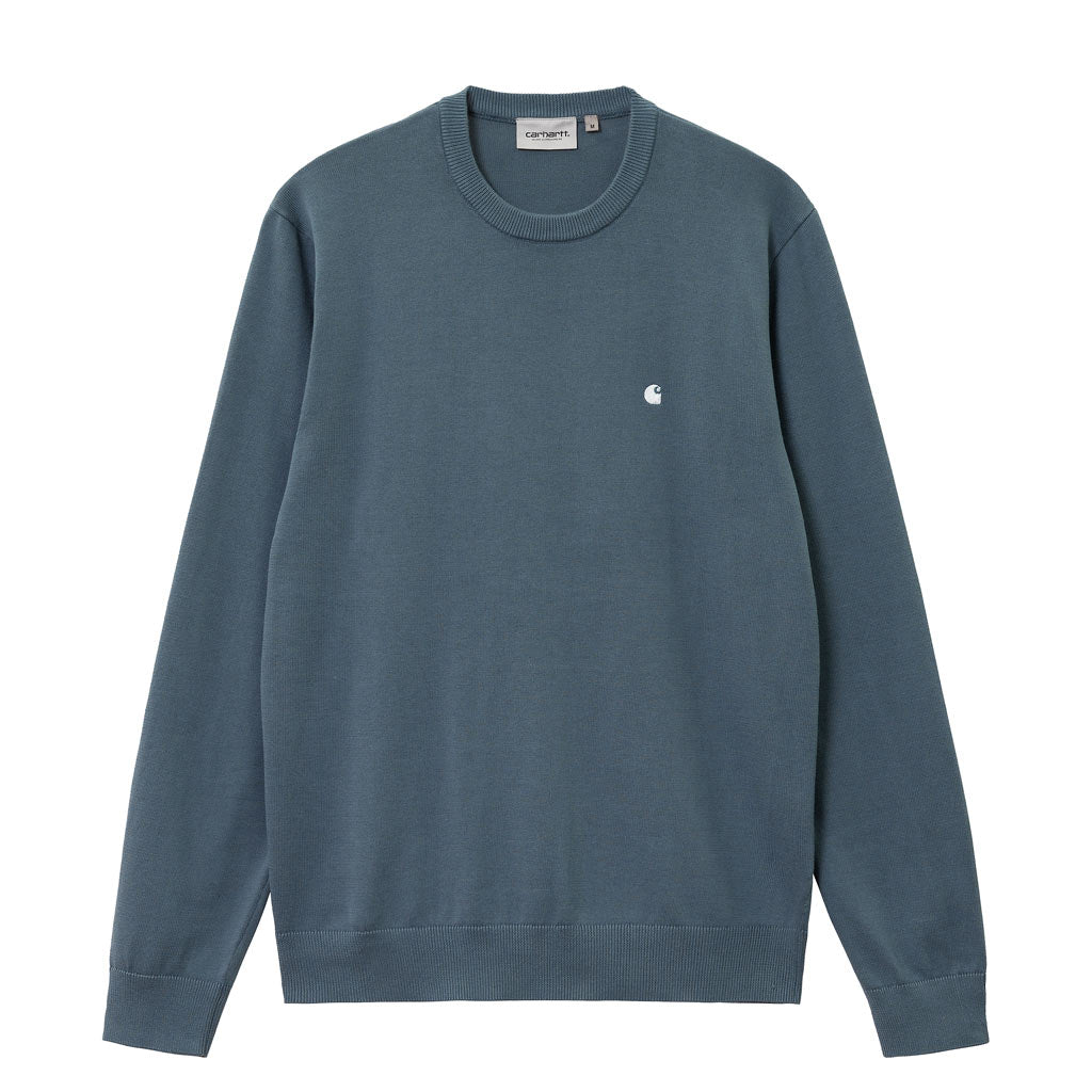 Carhartt WIP Madison Sweater - Storm Blue/White. The Madison Sweater is constructed from a midweight 12 gauge cotton knit. It features a crewneck collar, with ribbed detailing at the cuffs and bottom band. Shop Carthartt WIP premium streetwear with free NZ shipping over $100. Pavement skate shop, Dunedin.