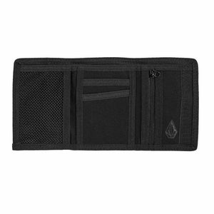 Volcom Ranso Trifold Wallet - Black. 100% Cotton Tri-fold wallet. Canvas with web binding. Exterior embroidered logo and interior Stone logo. Shop Volcom clothing, accessories and headwear online with Pavement skate store, Dunedin. Free NZ shipping over $150.