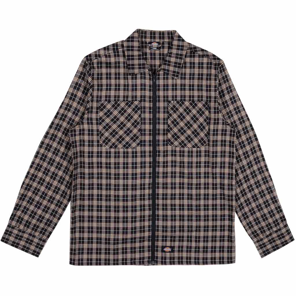 Dickies Brownsville Zip Through L/S Overshirt - Black Plaid. 230gsm 65% Polyester 32% Rayon 3% Spandex Twill. Product Code: DM124-BS25. Shop Dickies men's shirts online with Pavement and enjoy free NZ shipping over $150, same day Dunedin delivery and fuss free returns.