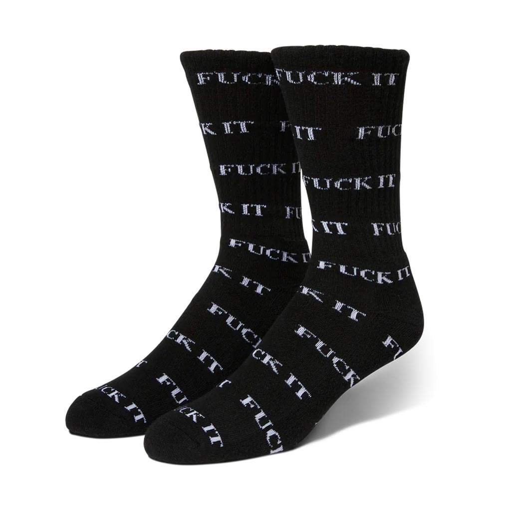 Huf Worldwide Fuck It Socks - Black. Cotton/poly blend crew-socks. All-over 'Fuck It' jacquard pattern. Athletic ribbed upper. Cushioned footbed. Reinforced heel and toe. Shop Huf Worldwide online with Pavement. Free, fast NZ shipping over $150, same day Dunedin delivery and easy returns. Pavement skate store, Dunedin.