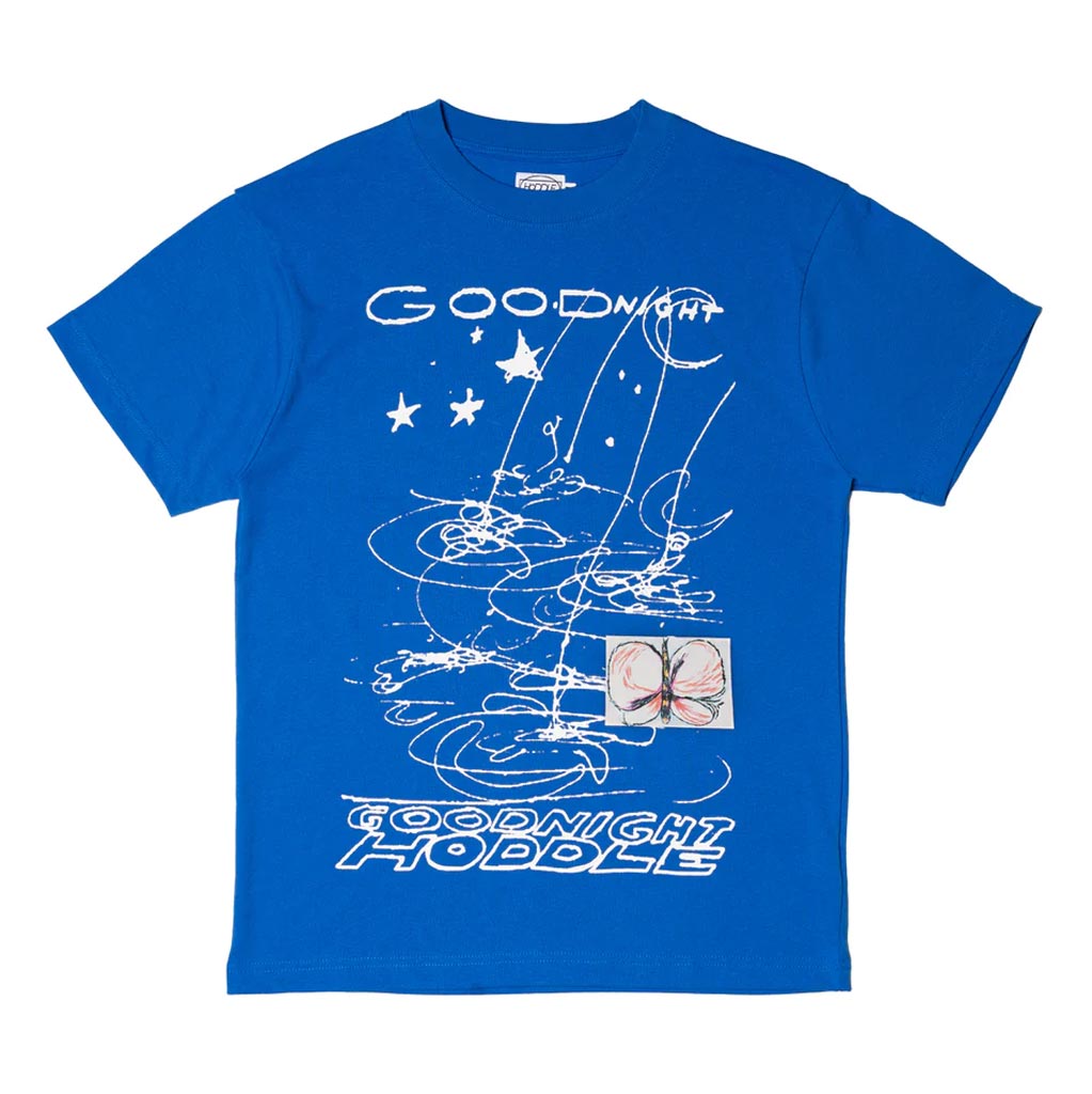 Hoddle Goodnight Tee - Royal Blue. Screen print and SMYK print onto 100% cotton rib neck tee. Artwork in collaboration with Andre Piguet. Shop Hoddle skateboards, clothing and headwear online with Pavement, Dunedin's independent skate store, run by skaters. Free, fast NZ shipping over $150.