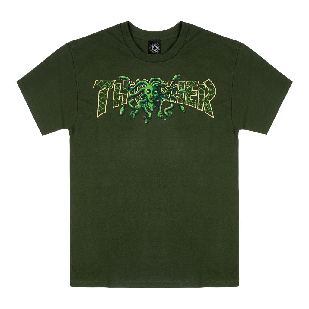 Thrasher Medusa Tee - Forest Green. Standard fit. Screen-printed artwork at chest. 100% Pre-shrunk Cotton. Shop Thrasher Skate Mag clothing and accessories online with Pavement Skate Store. Free, fast NZ shipping over $150 - Same day Dunedin delivery - Easy as returns.