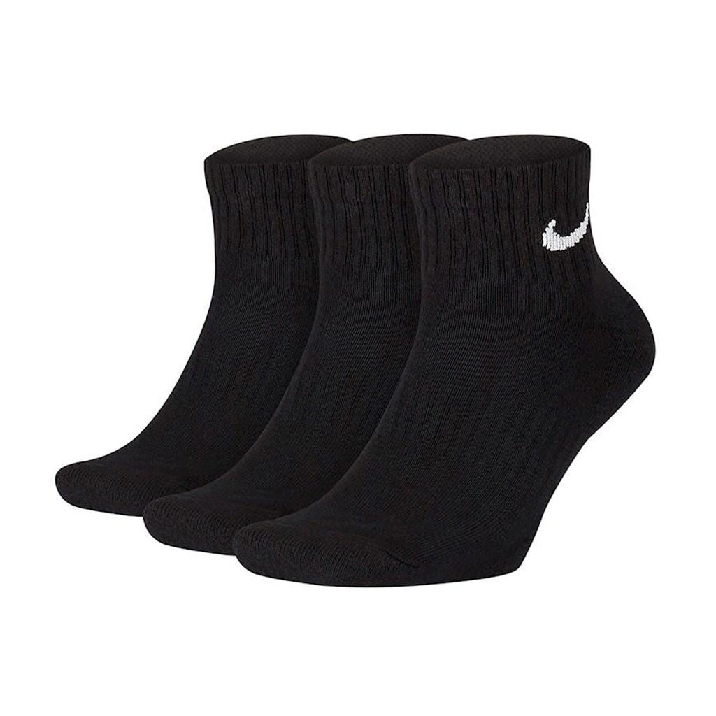 Nike Everyday Cushioned Ankle Socks 3 Pack - Black.  1/4-length silhouette offers ankle coverage. Fit: Semi fitted Material: 71% cotton 26% polyester 2% spandex 1% nylon. SX667-010. Shop Nike SB online with Pavement, Dunedin's independent skate store since 2009. Free NZ shipping over $150.