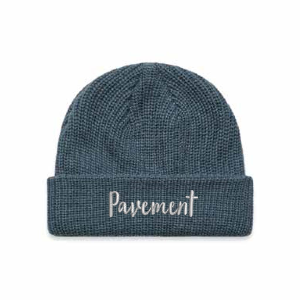 Pavement Script Beanie - Petrol Blue. Wide, ribbed knitFitted, fisherman style. Mid weight. 100% acrylic. One size fits all. Shop Pavement clothing and headwear online and instore. Free, fast NZ shipping over $100. Same day delivery Dunedin available. Afterpay and Laybuy. Pavement skate store, Ōtepoti.