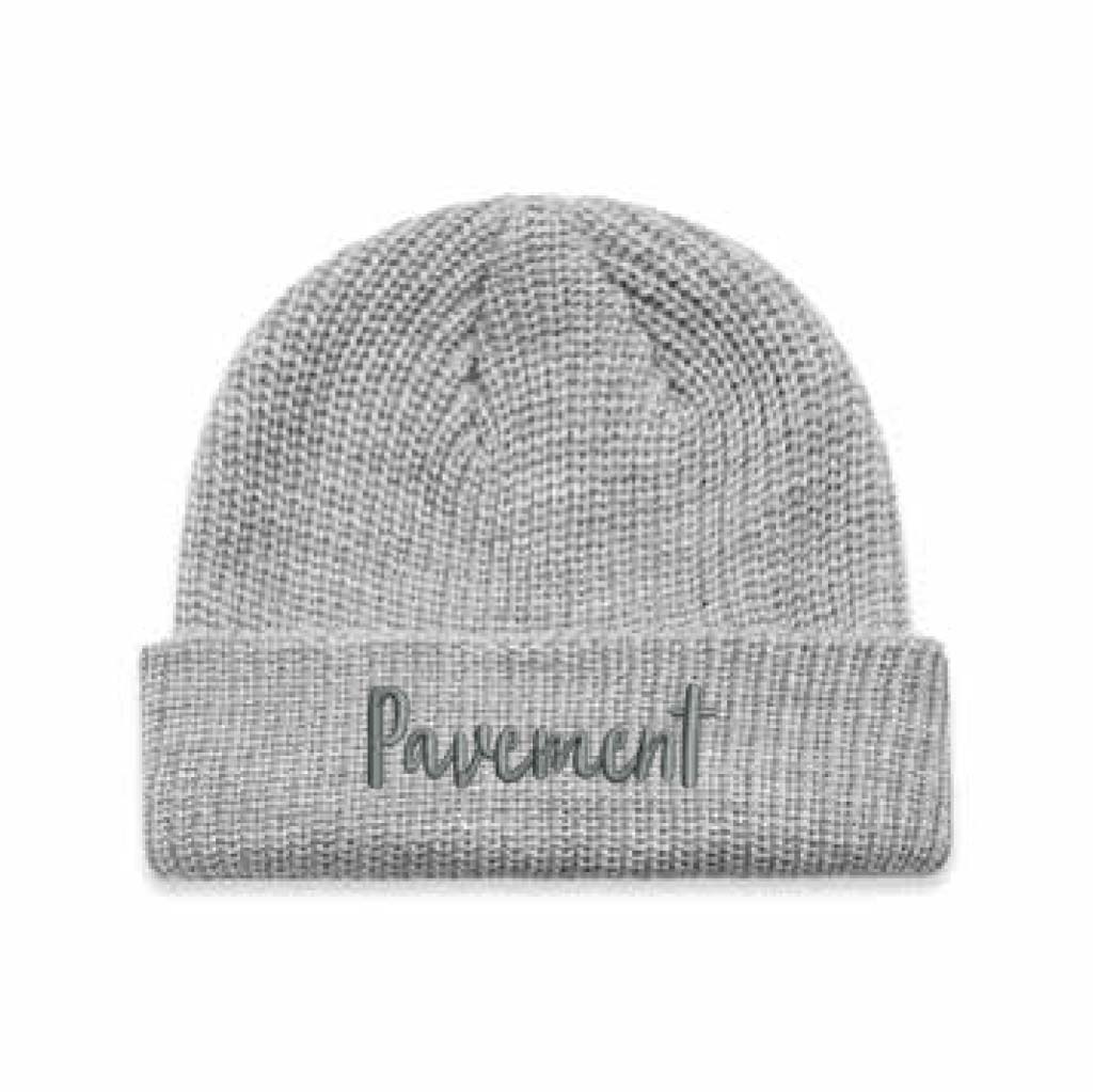 Pavement Script Beanie - Grey. Wide, ribbed knitFitted, fisherman style. Mid weight. 100% acrylic. One size fits all. Shop Pavement clothing and headwear online and instore. Free, fast NZ shipping over $100. Same day delivery Dunedin available. Afterpay and Laybuy. Pavement skate store, Ōtepoti.