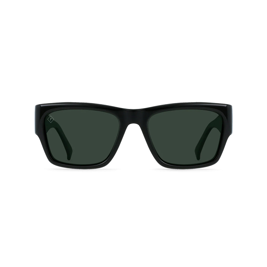 Raen Sunglasses Rufio - Recycled Black/Green Polarized. Rufio is a progressive silhouette with a large, full-coverage design.  The robust hardware and wrapped end pieces give the frame a sleek look, while the wider fit suits a range of face shapes and personalities. Complimentary NZ shipping with Pavement online.