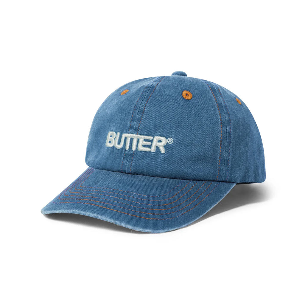 Butter Goods Rounded Logo 6 Panel Cap - Slate. Distress washed cotton 6 panel cap. Contrast stitching. Embroidery on front. Velcro closure with woven taping. Size: OSFA. Shop Butter Goods online with Pavement skate store and enjoy free Aotearoa shipping over $150, same day delivery Ōtepoti before 3 and easy returns.