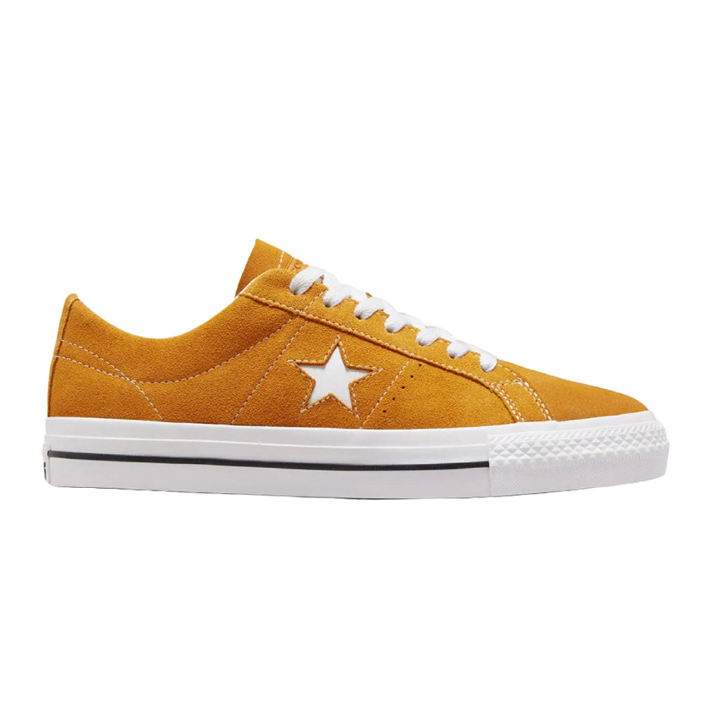 Converse CONS One Star Pro Low - Golden Sundial / White / Black. Low-top skateboard shoe in rubber-backed suede. Iconic One Star detailing. Shop shoes from Converse, Nike SB, Vans Skate, New Balance Numeric, Lakai, DC Shoes and Emerica, Etnies. Free NZ shipping on orders over $100. Pavement skate shop, Dunedin.