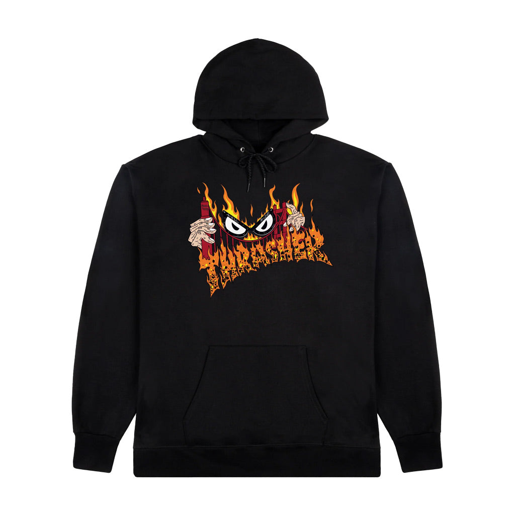 Thrasher Sucka Free Hood - Black. Standard fit hoodie. Featuring an adjustable drawcord, kangaroo pocket, sewn-in label and finished with artwork by Neckface at chest 50% Cotton / 50% Polyester. Free NZ shipping - Same day Dunedin delivery - Easy as returns. Shop Thrasher online with Pavement skate store, Dunedin.