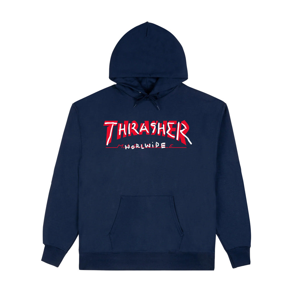 Thrasher Trademark Hoody - Navy Standard fit hoodie woven from sustainably and fairly grown USA cotton and polyester. Featuring an adjustable drawcord, kangaroo pocket, sewn-in label and finished with artwork by Mark Gonzales at center-chest. 90% Cotton / 10% Polyester. Free NZ shipping. Pavement skate store, Ōtepoti.