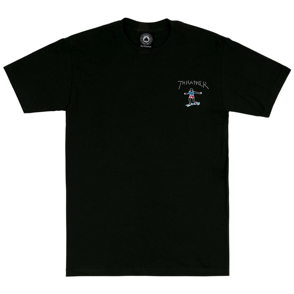 Thrasher Gonz Mini Logo Tee - Black. 100% pre-shrunk cotton T-shirt features artwork by Mark Gonzales. Shop Thrasher Skate Mag. clothing and accessories online. Free, fast NZ shipping over $100. Pavement skate shop, Dunedin.