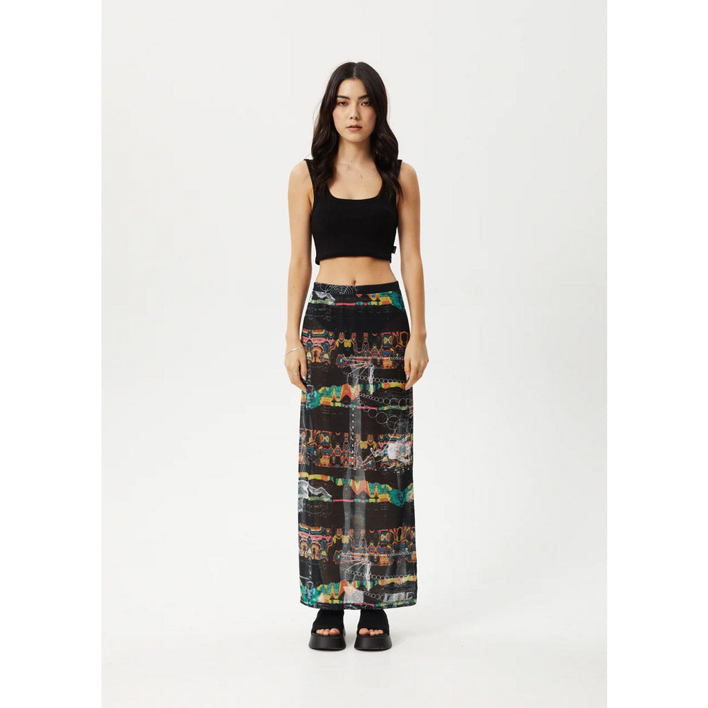 Afends Astral Sheer Maxi Skirt - Black. 90% Recycled Polyester 10% Elastane Mesh, 166gsm. Shop Afends women's clothing online with Pavement. Free, fast NZ shipping over $150. Same day Ōtepoti Dunedin delivery before 3. No fuss returns. Pavement skate store, Ōtepoti / Dunedin.