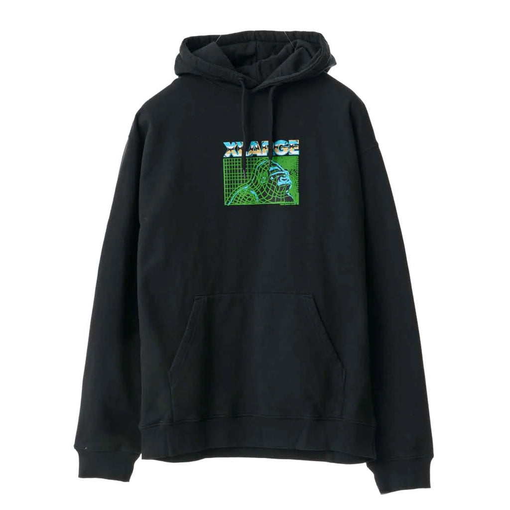XLarge Error Hood Pigment - Black. Twin needle seam construction. Crossover drawcord hood. Kangaroo pocket. 1x1 rib at cuffs and hem. Screen and puff printed artwork. Relaxed fit. Unisex. 430gsm Brushed Cotton. Shop XLarge online with Pavement - Free NZ shipping over $150 - Same day Dunedin delivery - Easy returns.