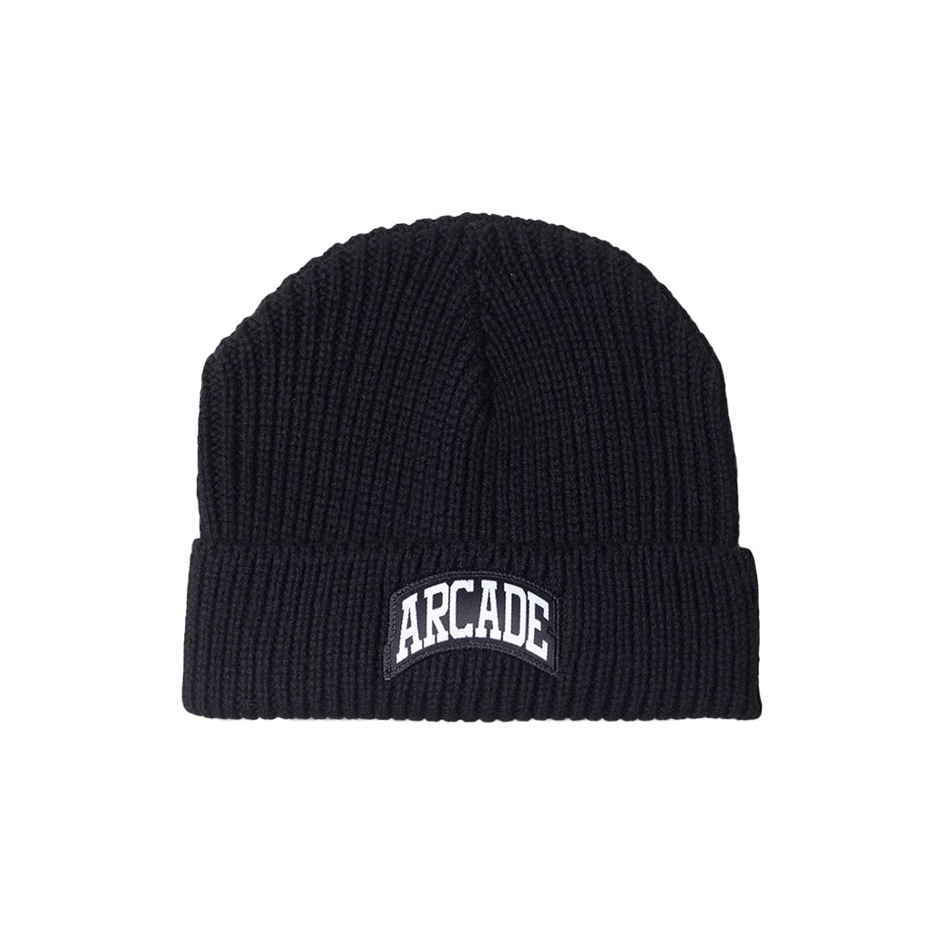 Arcade Arch Patch Beanie - Black. Wide Guage Beanie With Woven Cotton Patch Sewn On. Keep Your Head At Perfect Temperatures. Free NZ shipping over $150. Shop Arcade online with Pavement skate store, Dunedin.