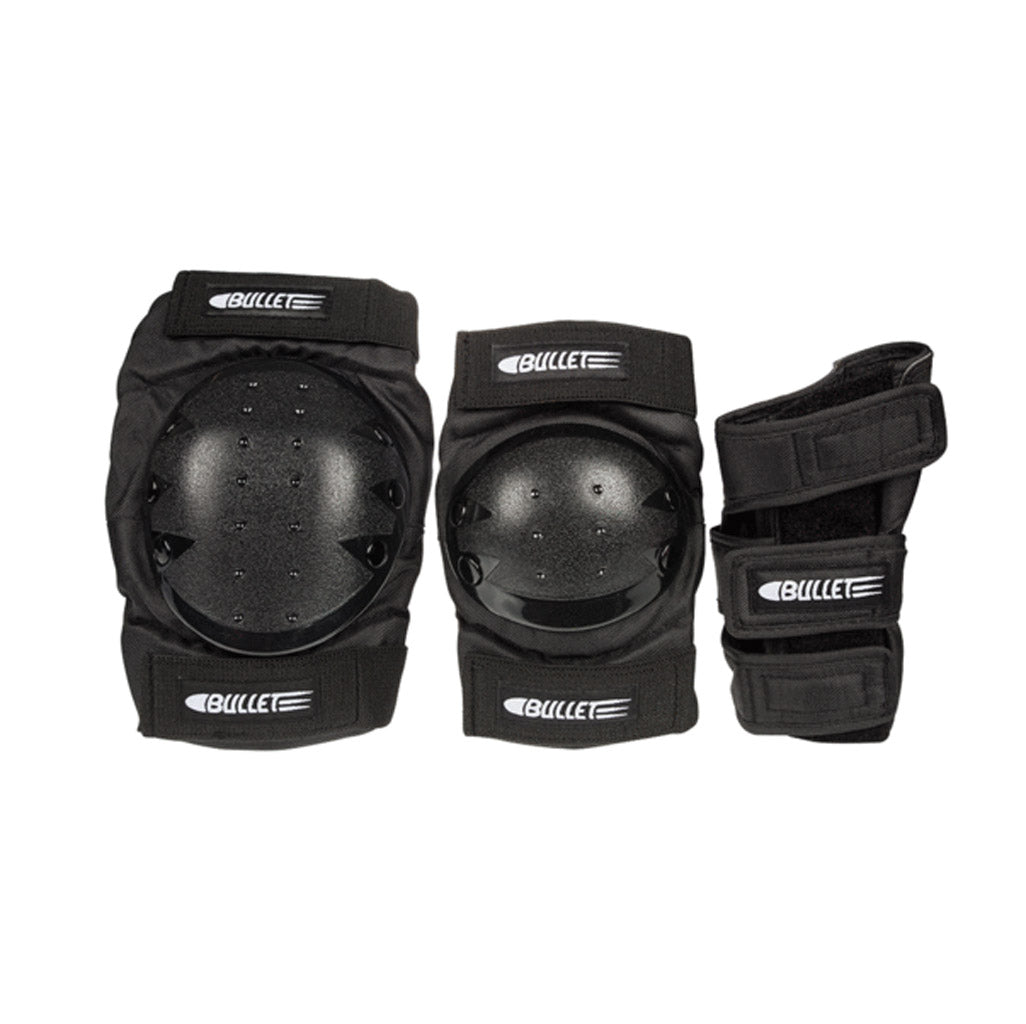 The Adult Safety Set from Bullet comes with adult sized knee pads, wrist guards, and elbow pads. Constructed from tough cordura fabric, a comfortable neoprene backing, and durable plastic caps. Pad Sets include 2 knee and elbow pads plus wrist guards. Shop safety pads and helmets with Pavement online.