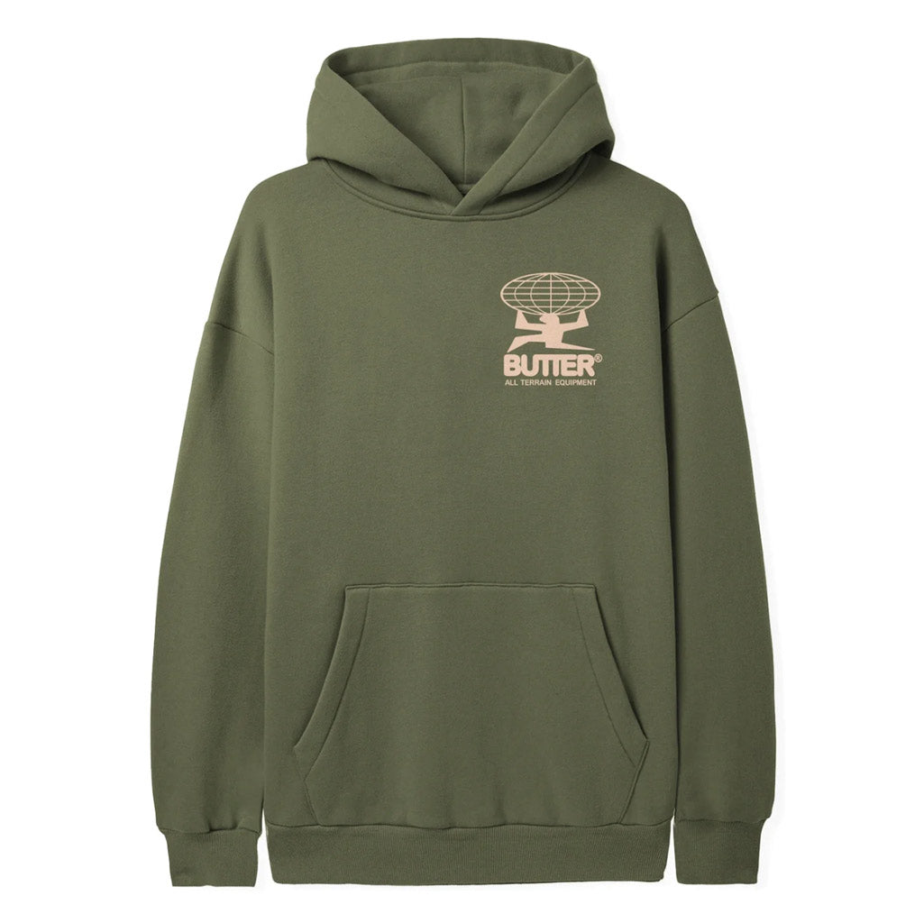 Buy Butter Goods All Terrain Pullover Hood - Army. Heavy weight 10oz (330 gsm) fleece pullover hood. Screen print on front & back. Free NZ shipping, and easy no fuss returns. Shop Butter premium clothing with Pavement skate store online.