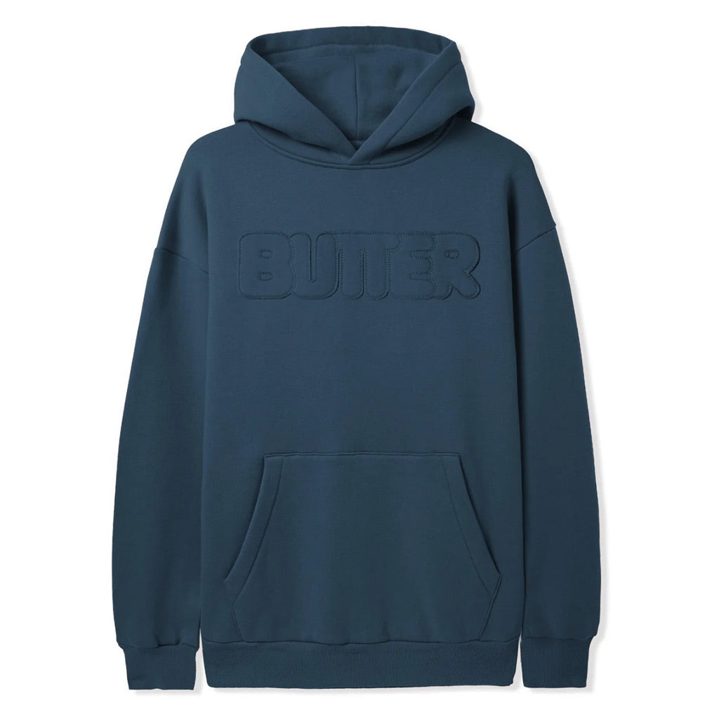 Shop Butter Goods Fabric Applique Pullover Hood - Denim. Ultra heavy weight 12oz (380 gsm) fleece pullover hood. 65% Cotton / 35% Polyester fleece. Self fabric applique with embroidered outline. Ribbed cuffs & hem. Free NZ shipping. Pavement skate store, Dunedin.