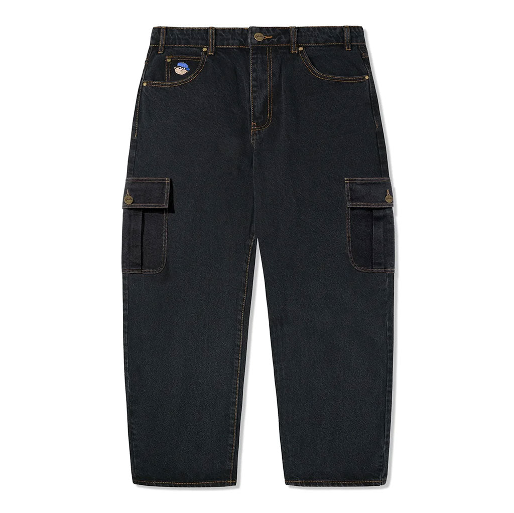 Butter Goods Santosuosso Cargo Denim Jeans - Washed Black.  100% Cotton ultra baggy fit denim jeans with slight taper. Two leg lengths. Contrast gold stitching. Cargo pockets on side. Embroidery on front coin pocket. Woven label on back pocket. Free NZ shipping with Pavement skate store. 