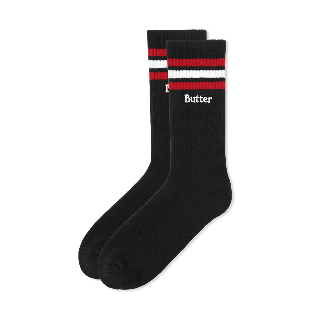 Butter Goods Stripe Socks - Black. Acrylic crew socks. Embroidered logo on side. Shop Butter Goods online with Pavement and enjoy free Aotearoa shipping over $150, same day Ōtepoti delivery and easy returns.