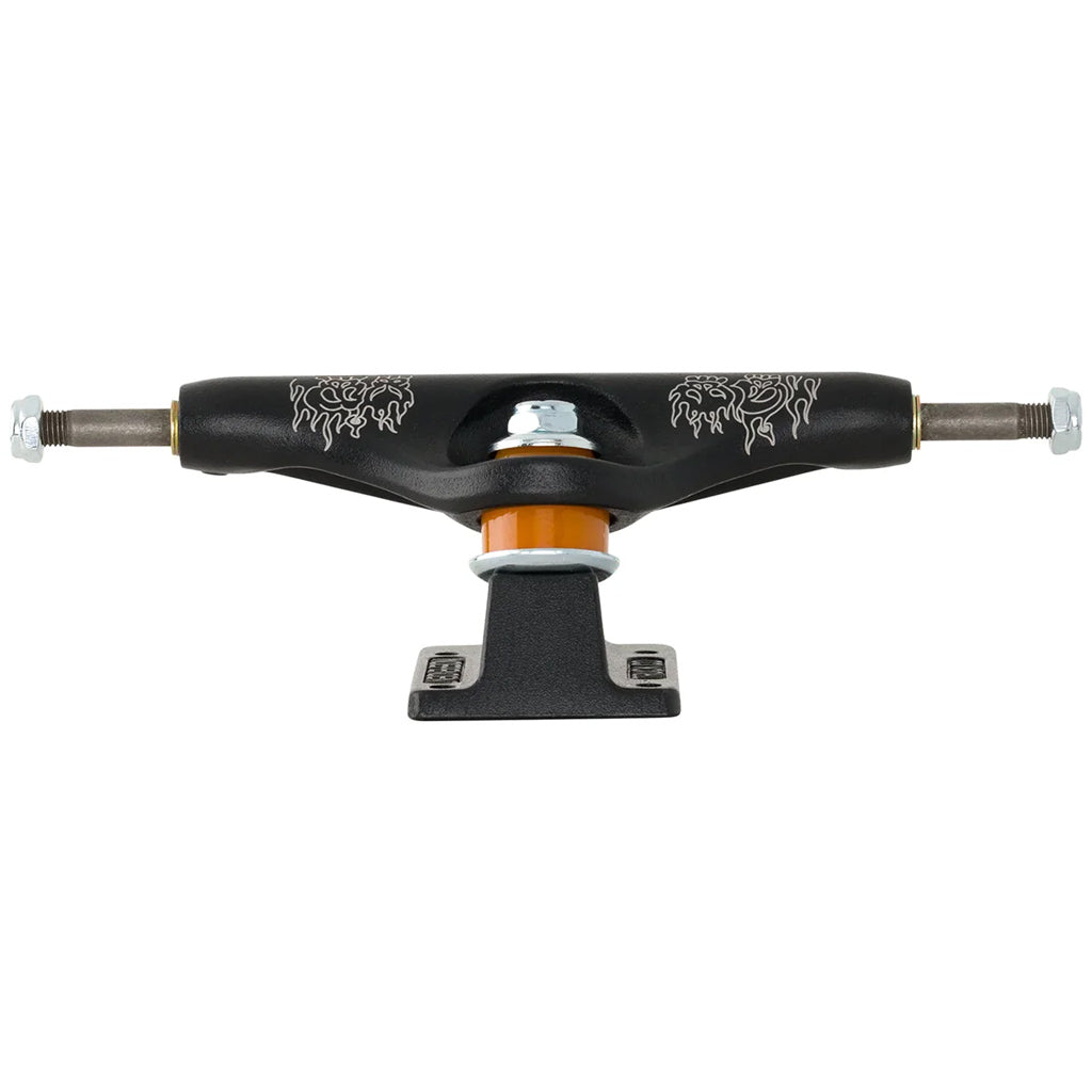 Independent Trucks Tristan Funkhouser T FUNK Pro Stage 11 149 Standard trucks featuring textured flat black hanger with laser etched TFunk artwork by Johnathon Yarolem, textured flat black baseplate, silver hardware, and orange cushions. Free, fast NZ shipping. Pavement skate store, Ōtepoti.