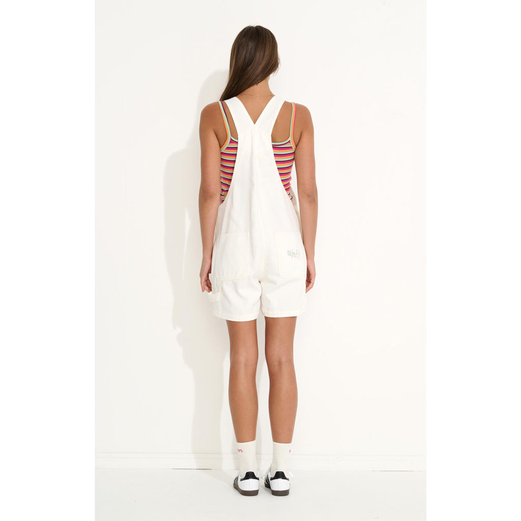 Misfit Heavenly People Short Overall - White Nature. 100% Cotton Heavy weight cotton drill dungaree style. Style code MT122603. Shop Misfit women's clothing and accessories online with Pavement. Free, fast NZ shipping over $150.
