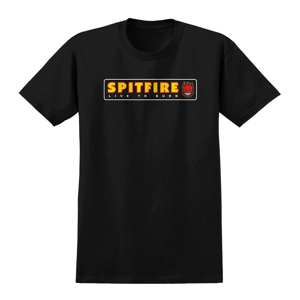 Spitfire Live To Burn Tee - Black. 100% cotton. Screen printed graphic. Regular fit unisex tee. Shop Spitfire skateboard wheels, clothing and accessories online with Pavement, Dunedin's independent skate store since 2009.