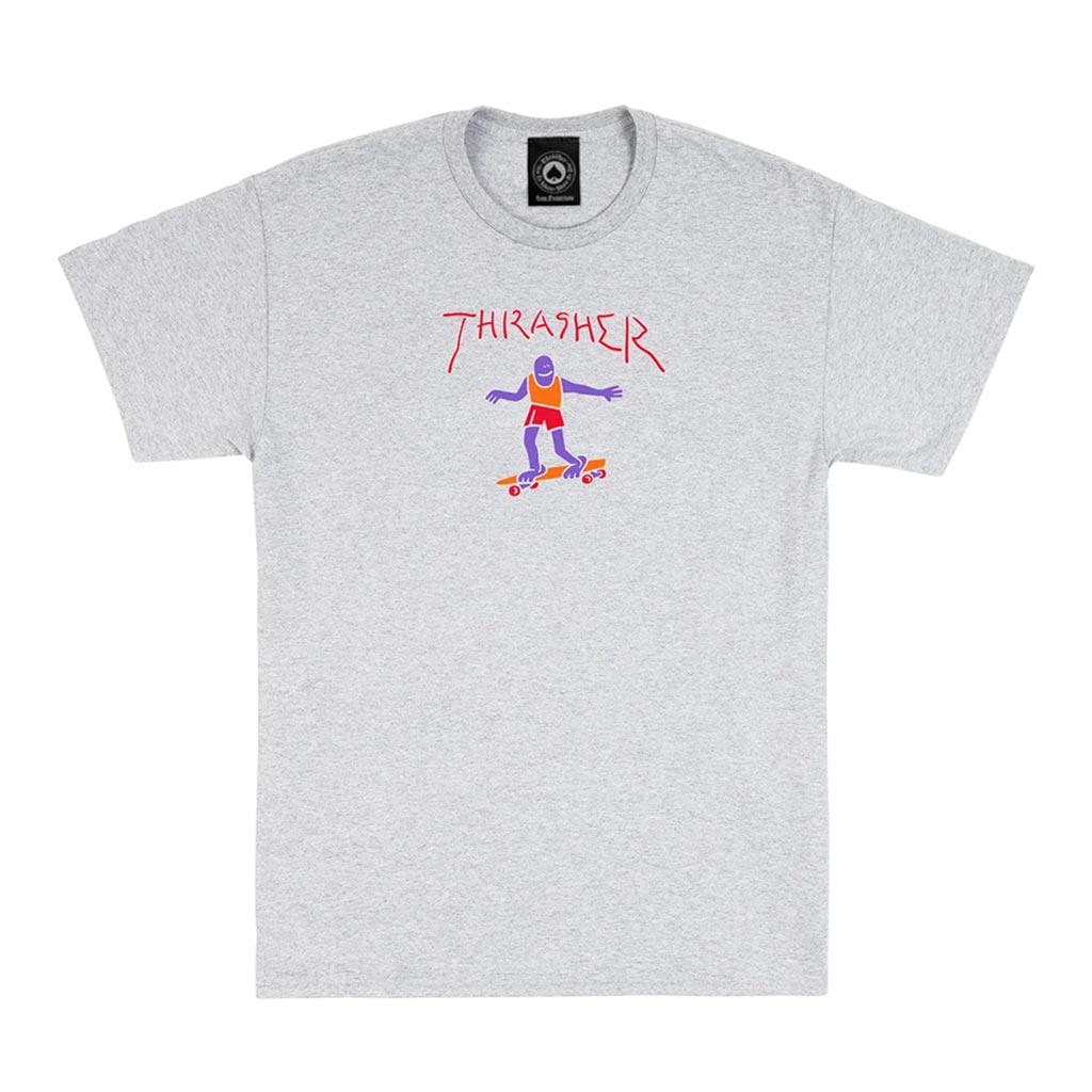 Thrasher Gonz Fill Logo Tee - Ash Grey. Standard fit T-shirt woven from sustainably and fairly grown USA cotton. Featuring a sewn-in label and finished with artwork by Mark Gonzales at center-chest. 100% Pre-shrunk Cotton. Shop Thrasher clothing and accessories online with Pavement skate store, Dunedin. 