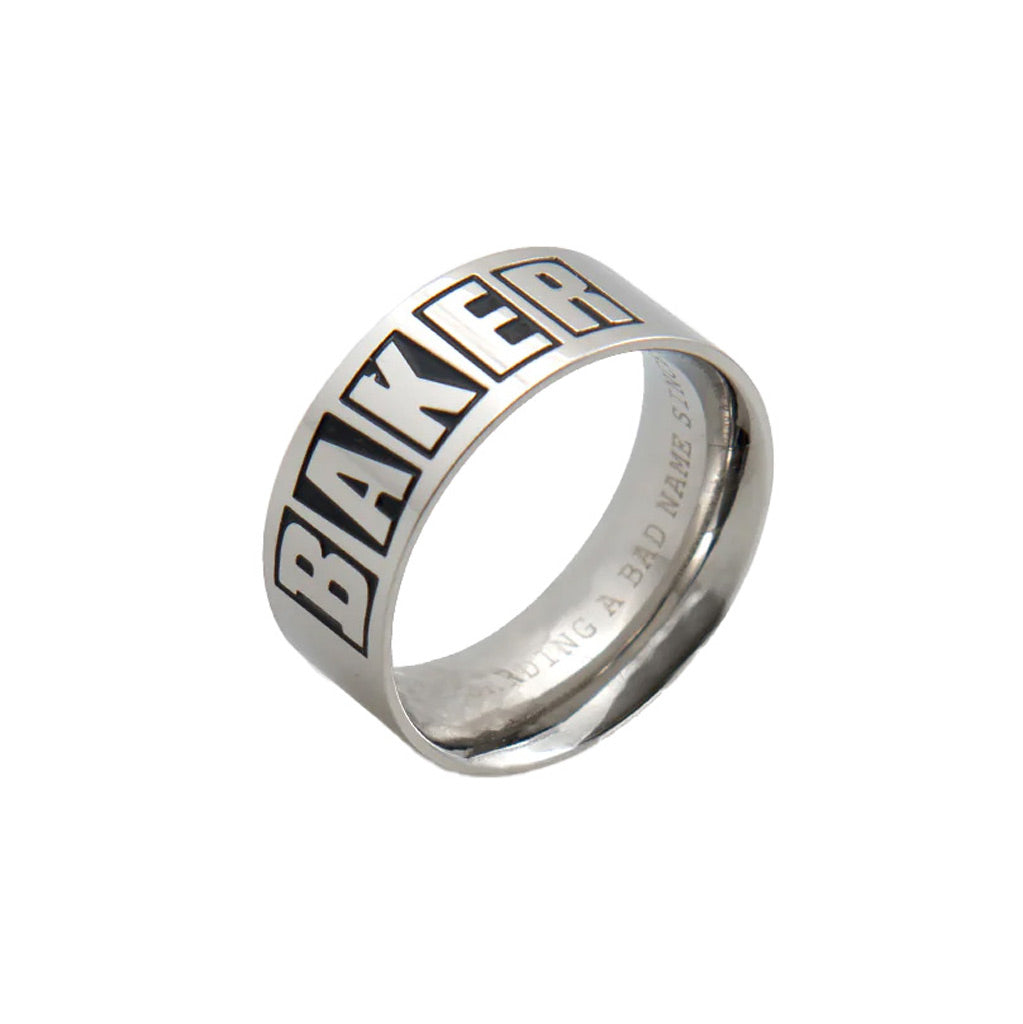 Baker Brand Logo Silver Ring - Small, stainless steal ring. Comfort fit. Engraved "giving skateboarding a bad name since 2000" on the inside. Enjoy free shipping in NZ on all of your Baker Skateboard, apparel and accessory orders at Pavement Skate Shop, Ōtepoti.