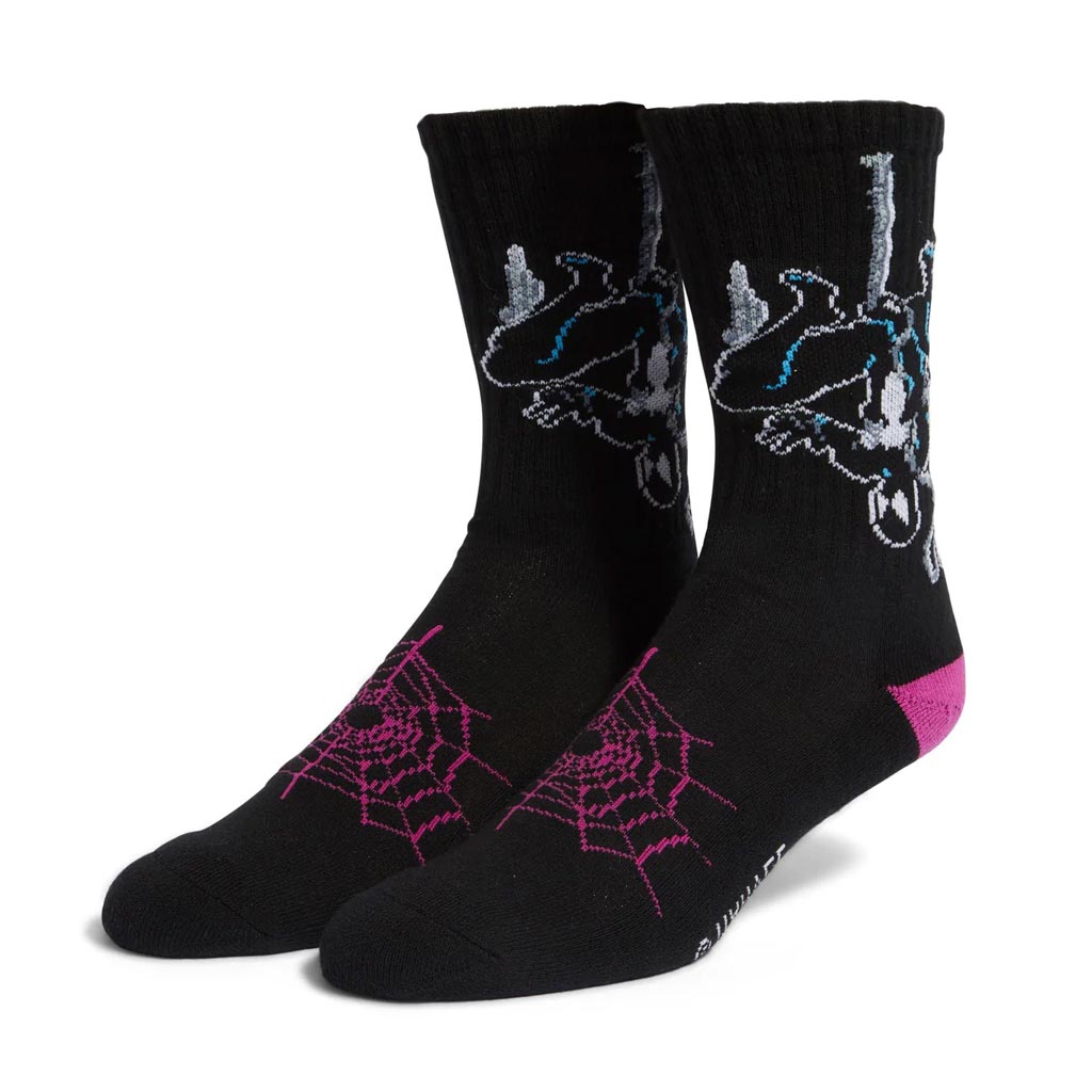 Huf x Spiderman Hangin' Out Socks - Black. The Hangin’ Out Sock features jacquard print Marvel graphics and HUF branding. Cotton/poly blend crew sock. Shop the Huf x Spiderman capsule of skateboards, tees, socks and accessories and cop free shipping across Aotearoa with Pavement, Ōtepoti's independent skate shop.