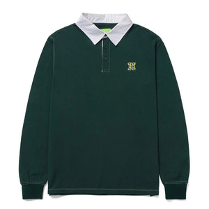 Huf Longden L/S Polo - Forest Green • 100% cotton piqué long sleeve polo w/ cotton twill collar• Vintage Americana-inspired design• Contrast stitching detail• Embroidered artwork at left chest• HUF woven label at interior neck. Style: KN00409_FOGRN. Free N.Z shipping. Pavement  skate shop, Dunedin.