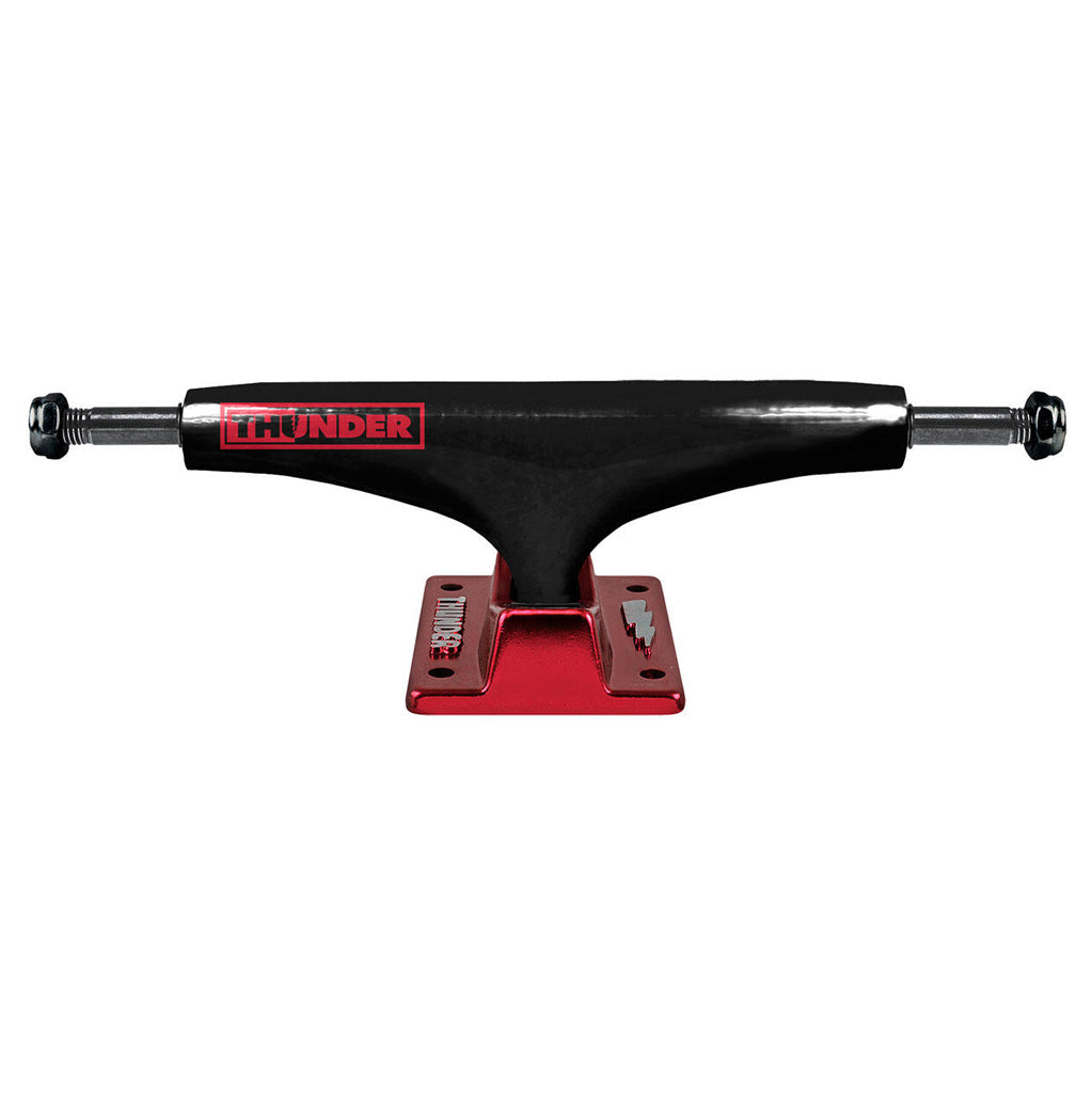 Thunder Storm Lights 149 Skateboard Trucks. Size: 149mm. Axle width: 8.5″. Axle height: 49mm. Bushings: 90a durometer. Light and ultra responsive. Forged aluminum baseplates. Premium grade hollow kingpins. For boards: 8.38″ – 8.62″.