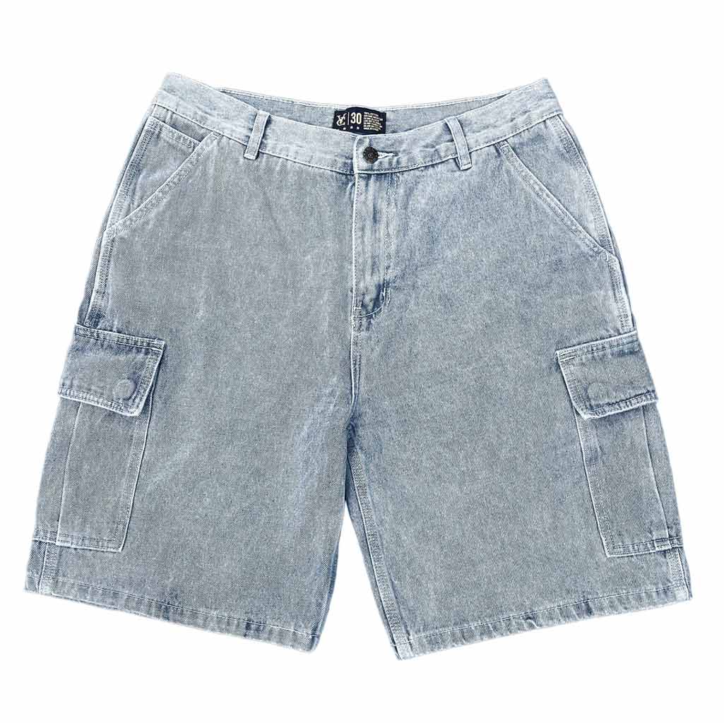 Vic Cargo Jean Shorts - Light Blue.Premium quality cargo denim shorts by New Zealand skate and streetwear clothing label VIC Apparel. New improved relaxed fit. Featuring utility pockets and triple stitch contrast stitching. Free N.Z shipping. Pavement skate shop, Dunedin.
