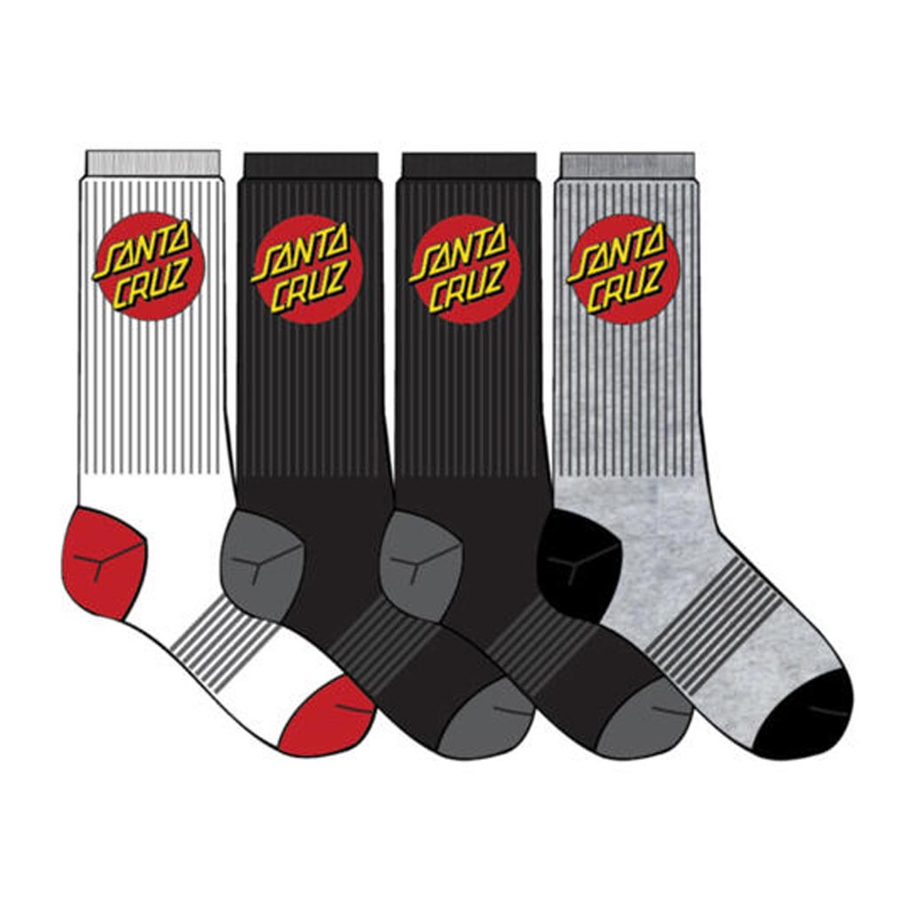 Santa Cruz Classic Dot Socks 4 Pack - Multi. 4 Pack Crew Socks. 80% Cotton, 15% Polyester, 5% Elastane. Jacquard Knit. Mens Size 7-11.