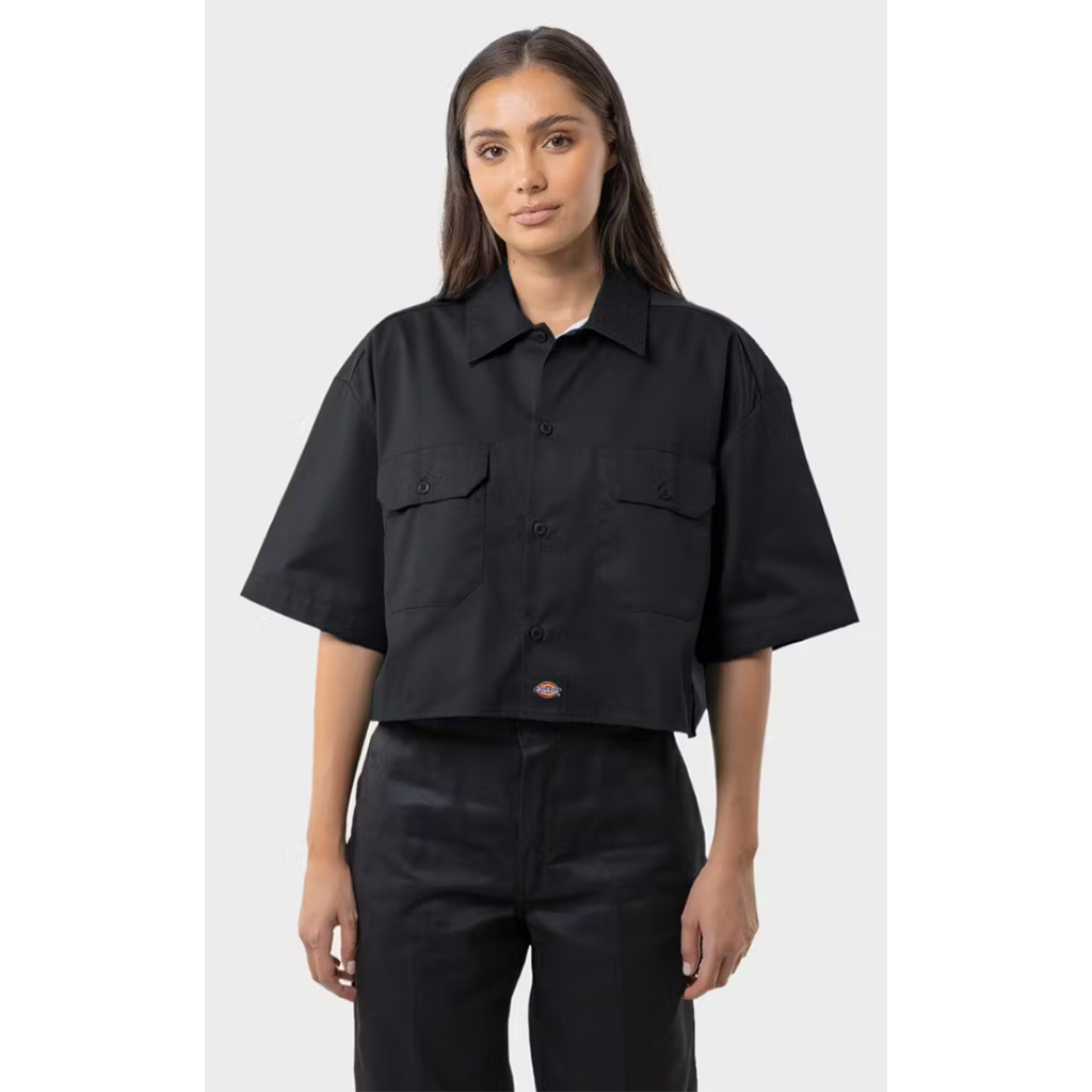 Dickies 1574 Cropped S/S Work Shirt - Black - 5.25 Oz 65% Cotton 35% Polyester Twill  - Cropped fit. Free NZ shipping when you spend over $150 on your Dickies order. Pavement, Dunedin's locally owned and operated skate store. 