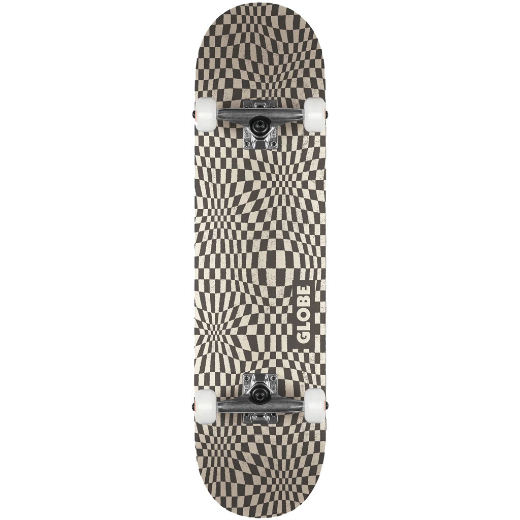 Globe G0 Checked Out Complete Skateboard  Black/Off-White. 8.0" x 31.63" x 14"WB. Shop complete skateboards online with Pavement Skate Store! Free Aotearoa NZ shipping over $100*.