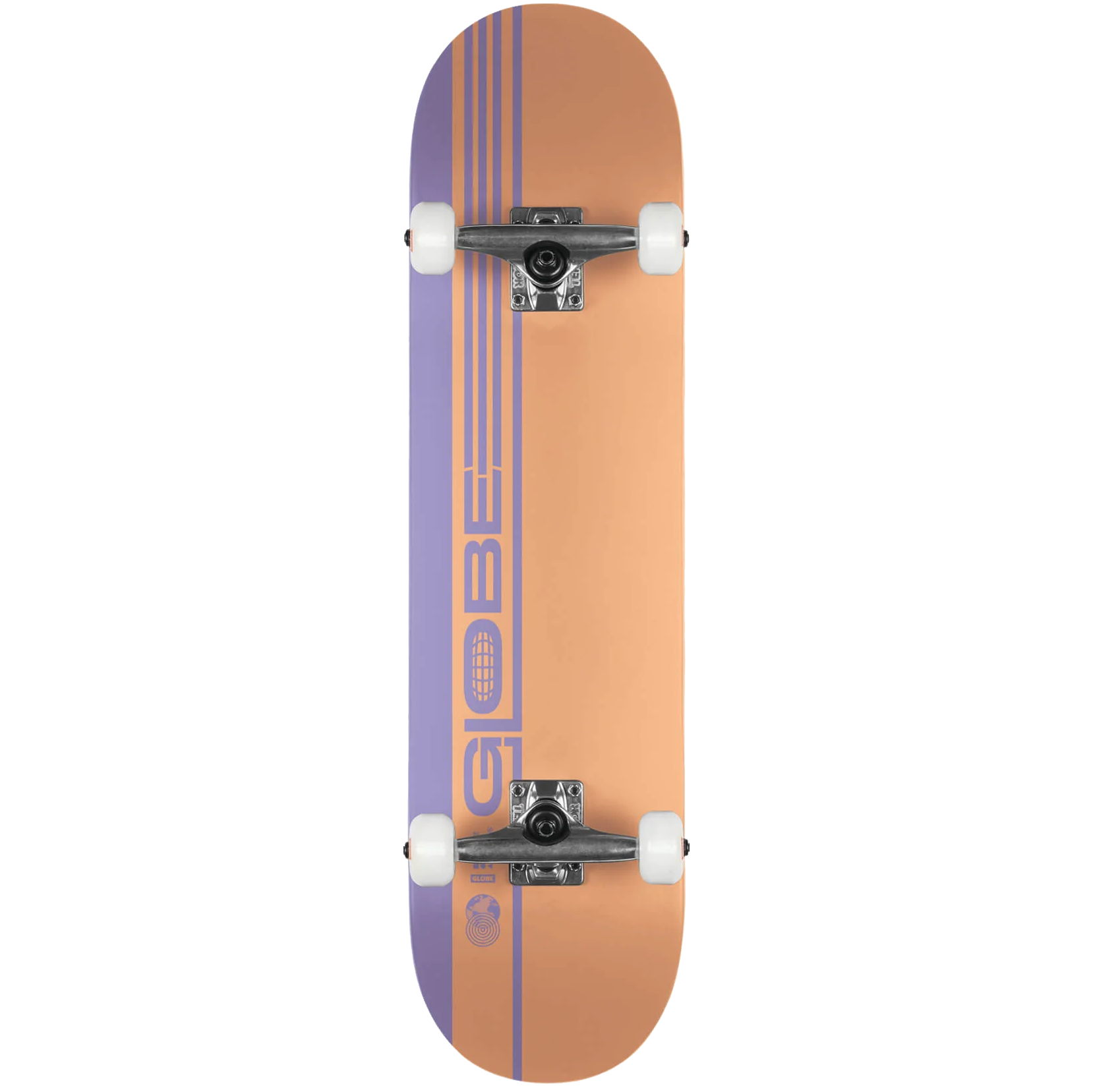 Globe G0 Strype Hard Complete Skateboard Dusty Orange/Lavender 7.75" x 31.0" x 13.8"WB. Shop complete skateboards online with Pavement Skate Store! Free Aotearoa NZ shipping over $100*