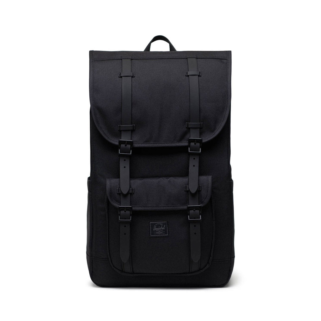 Herschel Little America Backpack - Black Tonal. 30L - 49cm (H) x 29cm (W) x 18cm (D) EcoSystem™ 600D Fabric made from 100% recycled post-consumer water bottles. Buy Herschel backpacks and wallets online with Pavement with free, fast NZ shipping over $150.