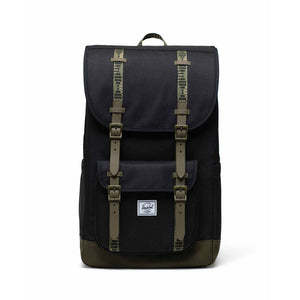 Herschel Little America Backpack - Black/Ivy Green. 30L - 49cm (H) x 29cm (W) x 18cm (D) EcoSystem™ 600D Fabric made from 100% recycled post-consumer water bottles. Buy Herschel backpacks and wallets online with Pavement with free, fast NZ shipping over $150. 