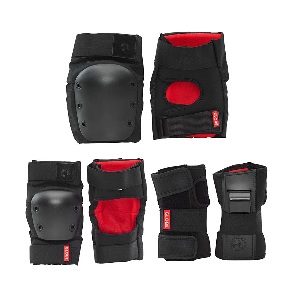 Globe Goodstock Pad Set - Black. Park oriented performance 3-pack pad set that feature easy entry and ergonomic fit. Shop skateboard safety pads and helmets with Pavement online. Free NZ shipping over $150.