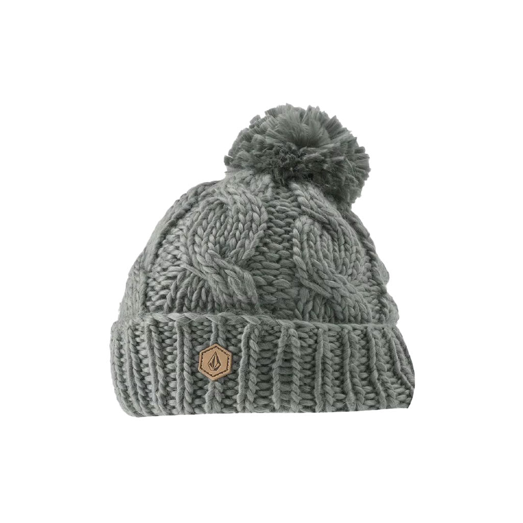 Volcom Hand Knit Beanie  - Storm Grey. Silky Acrylic Roll Over Classic Fit. Hand Knit Cable Pattern. Volcom Leather Patch. One Size Fits All.