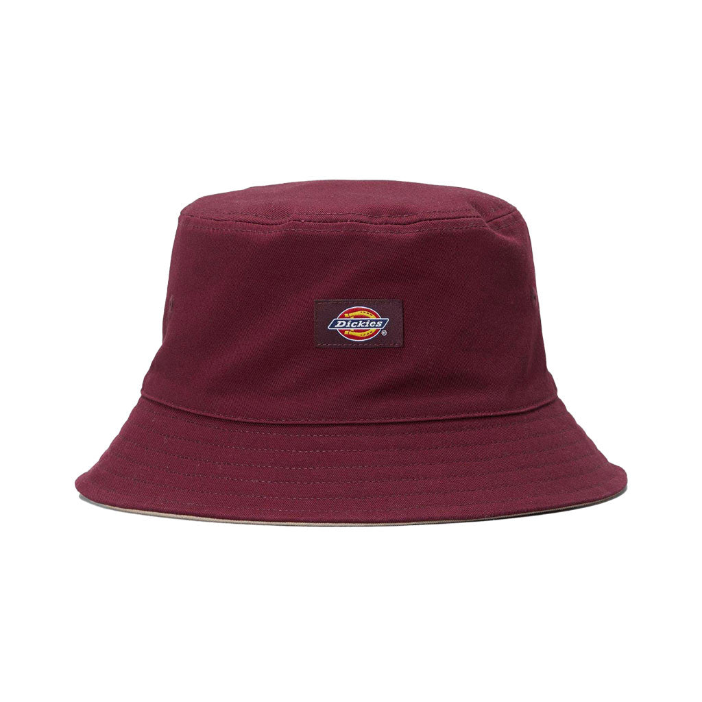 Dickies Classic Label Reversible Bucket Hat - Port/Desert Sand. Unisex Dickies reversible bucket hat featuring a small Dickies woven label. 100% Cotton Twill.