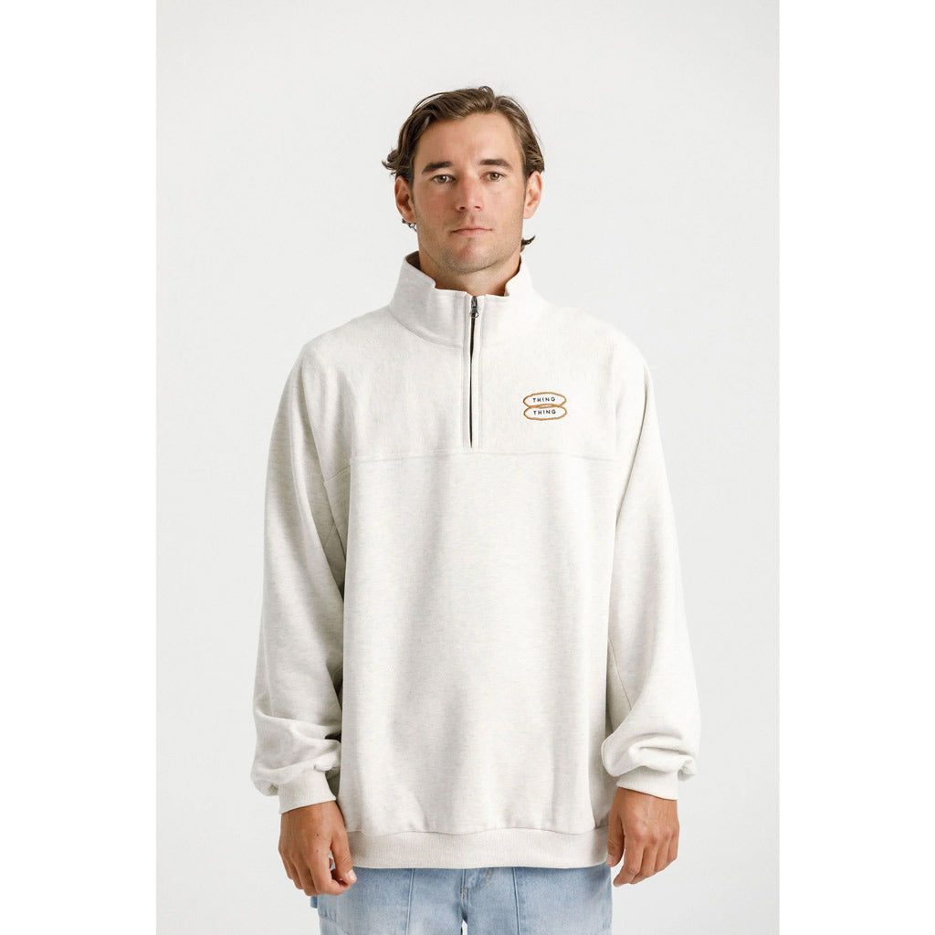 Thing Thing 1/4 Zip Up Crew - Unbleached. Boxy Fit. Embroidery on Chest. Double Bars on Back. 1/4 Zip on Neck. Shop new seasons mens clothing from Thing Thing online with Pavement. Free NZ shipping over $150 - Same day Dunedin delivery - Easy returns.