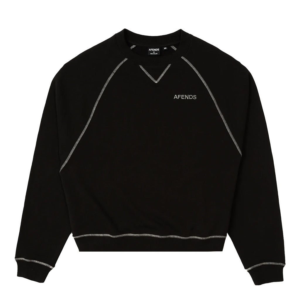 Afends Burner Crew Neck - Black. Mens Crew Neck Jumper. Slightly Cropped Wider Fit. Raglan sleeves. Heavyweight Design. 70%Cotton 30% Recycled Cotton French Terry. Shop Afends online with Dunedin's skater owned and operated skate store, PAVEMENT. Free NZ shipping over $150 - Same day Dunedin delivery.