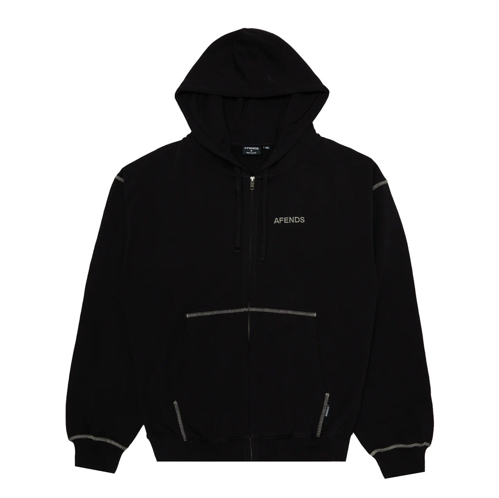 Afends Burner Zip Hood - Black. Mens Zip Through Hoodie. Slightly Cropped Wider Fit. Heavyweight Design. 70% Cotton 30% Recycled Cotton French Terry Dry Fleece. Heavyweight, 350gsm. Shop Afends unisex clothing online with Pavement, Dunedin's independent skate store. Free NZ shipping over $150, Same day Dunedin delivery