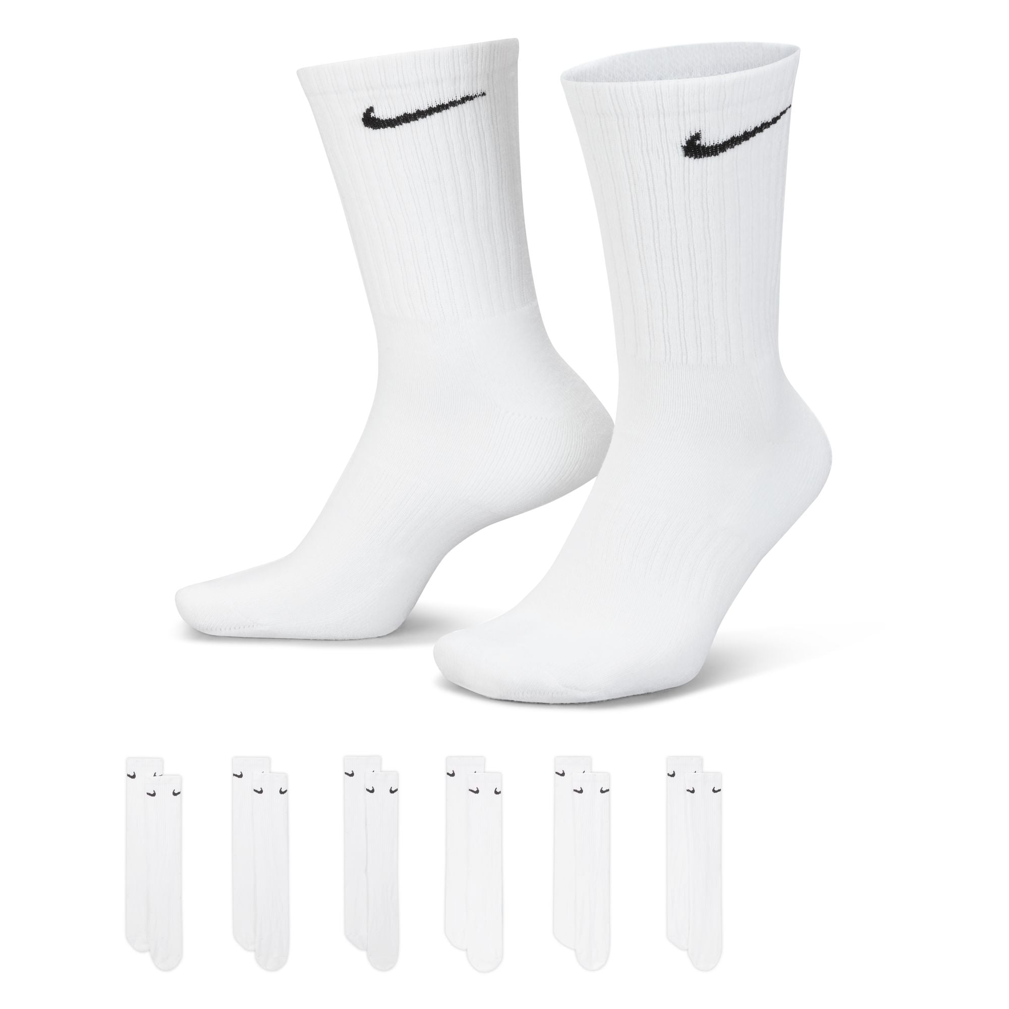 Nike Everyday Cushioned Crew Socks (6 Pairs) White/Black - SX7666-100 | Free Aotearoa shipping when you order over $100* of Nike SB with Pavement Skate Store.