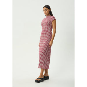 Afends Base Elodie Seersucker Midi Dress in Burgundy Check | Shop Afends online with Pavement and enjoy free Aotearoa NZ shipping on your order over $100*