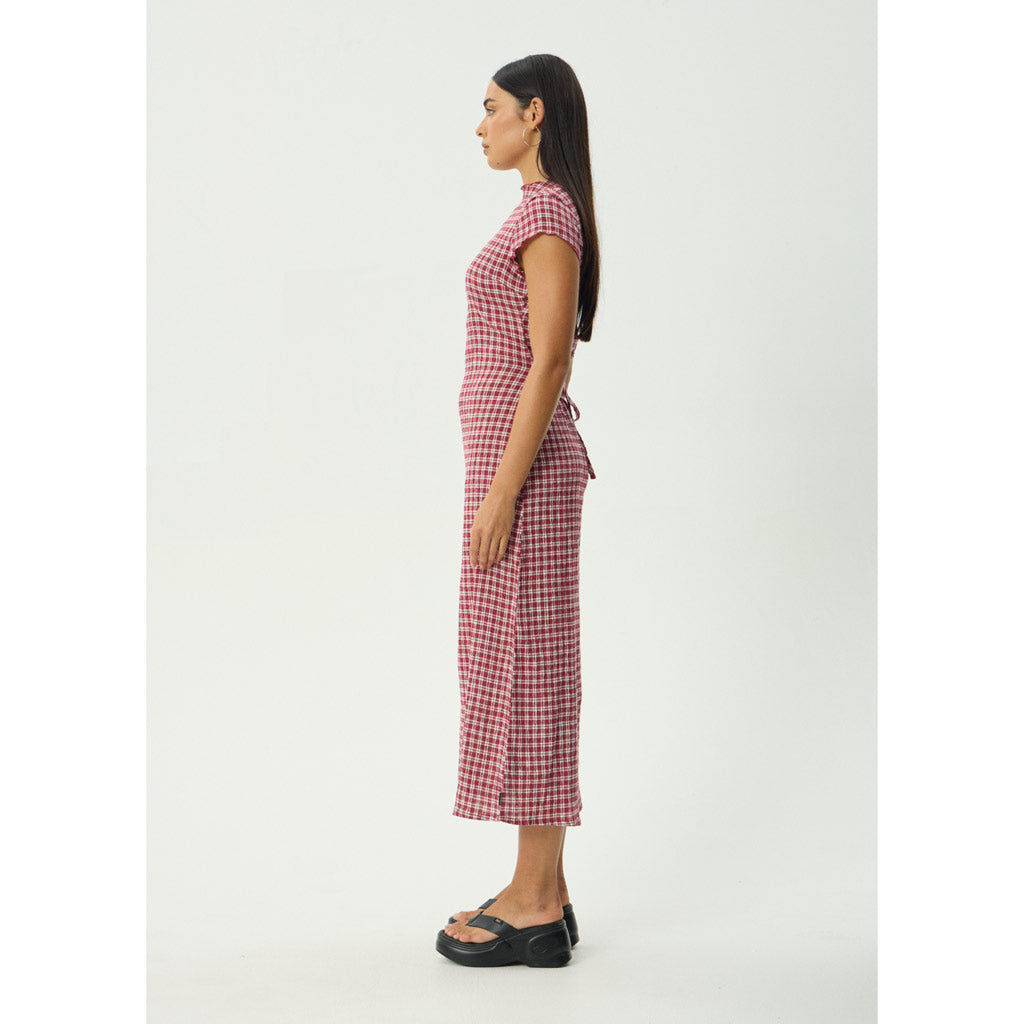 Afends Base Elodie Seersucker Midi Dress in Burgundy Check | Shop Afends online with Pavement and enjoy free Aotearoa NZ shipping on your order over $100*