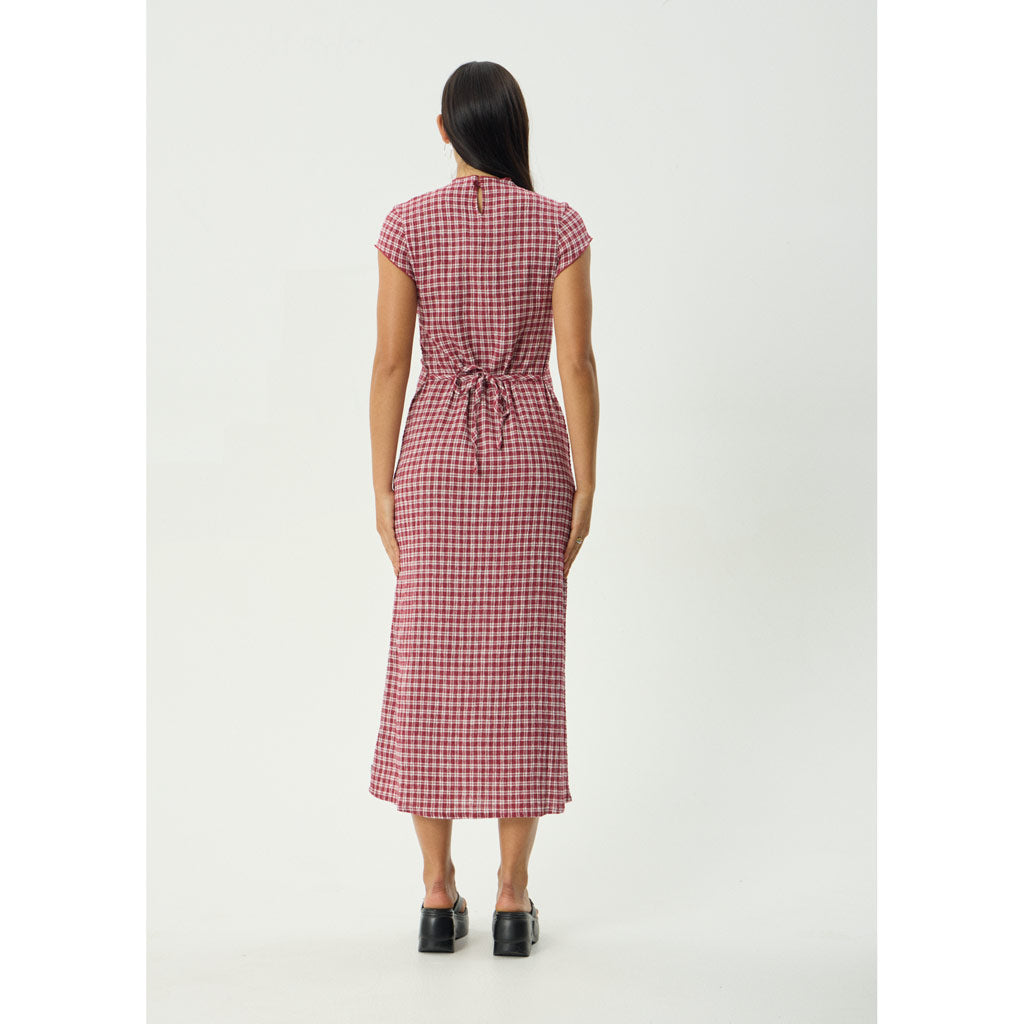 Afends Base Elodie Seersucker Midi Dress in Burgundy Check | Shop Afends online with Pavement and enjoy free Aotearoa NZ shipping on your order over $100*